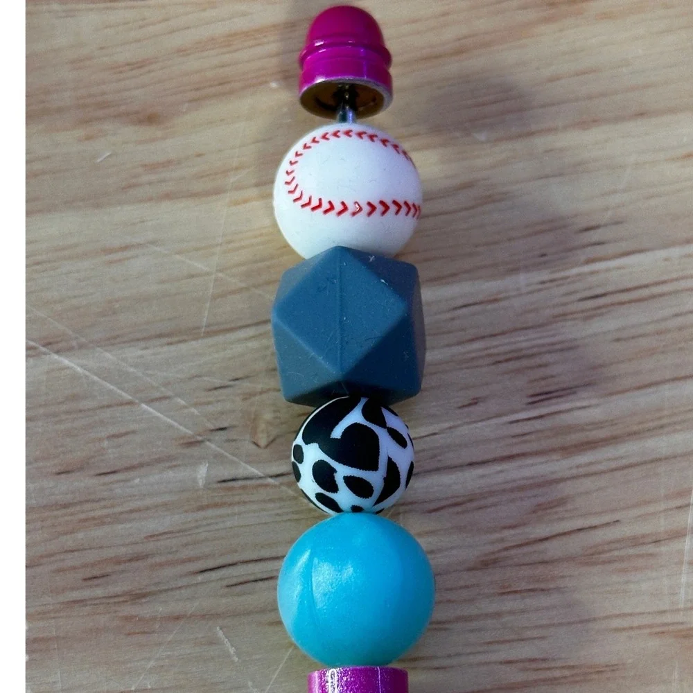 Custom Beaded Ballpoint Pen Purple Glitter Baseball Cow Print Silicone Beads